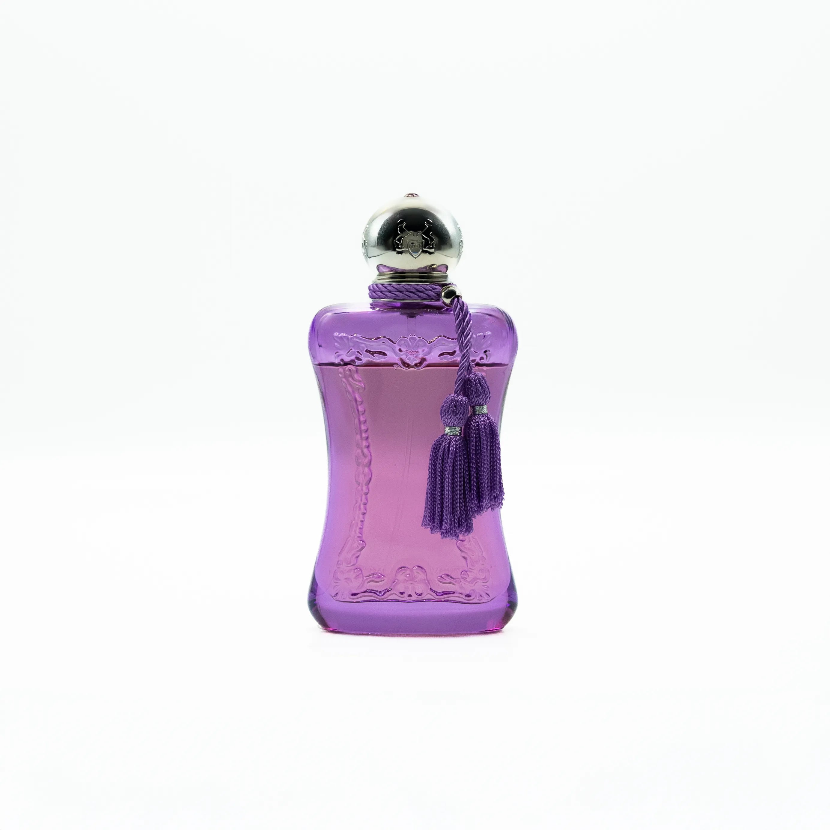 Purple perfume bottle with decorative elements on a white background