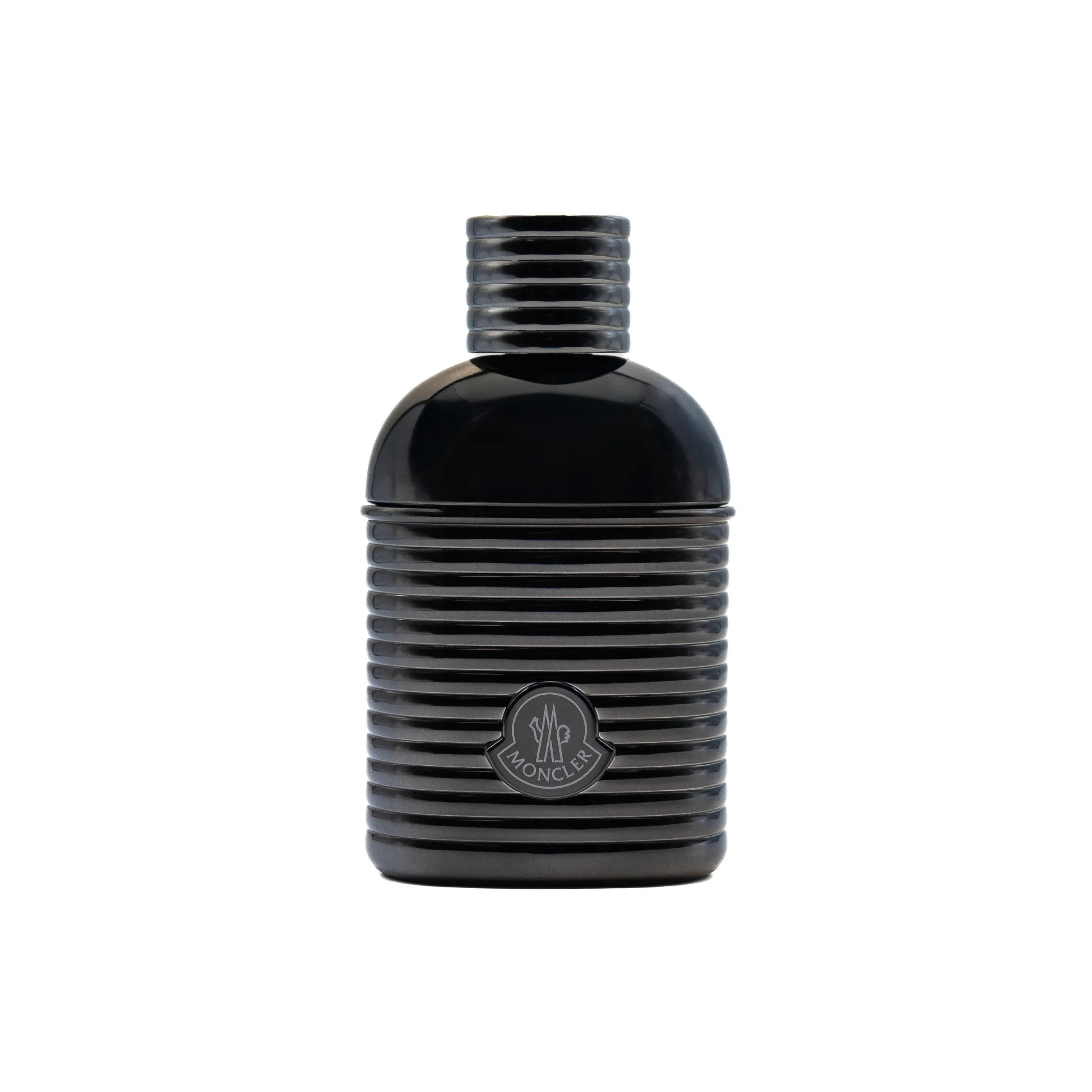 Black striped perfume bottle with a logo on a white background