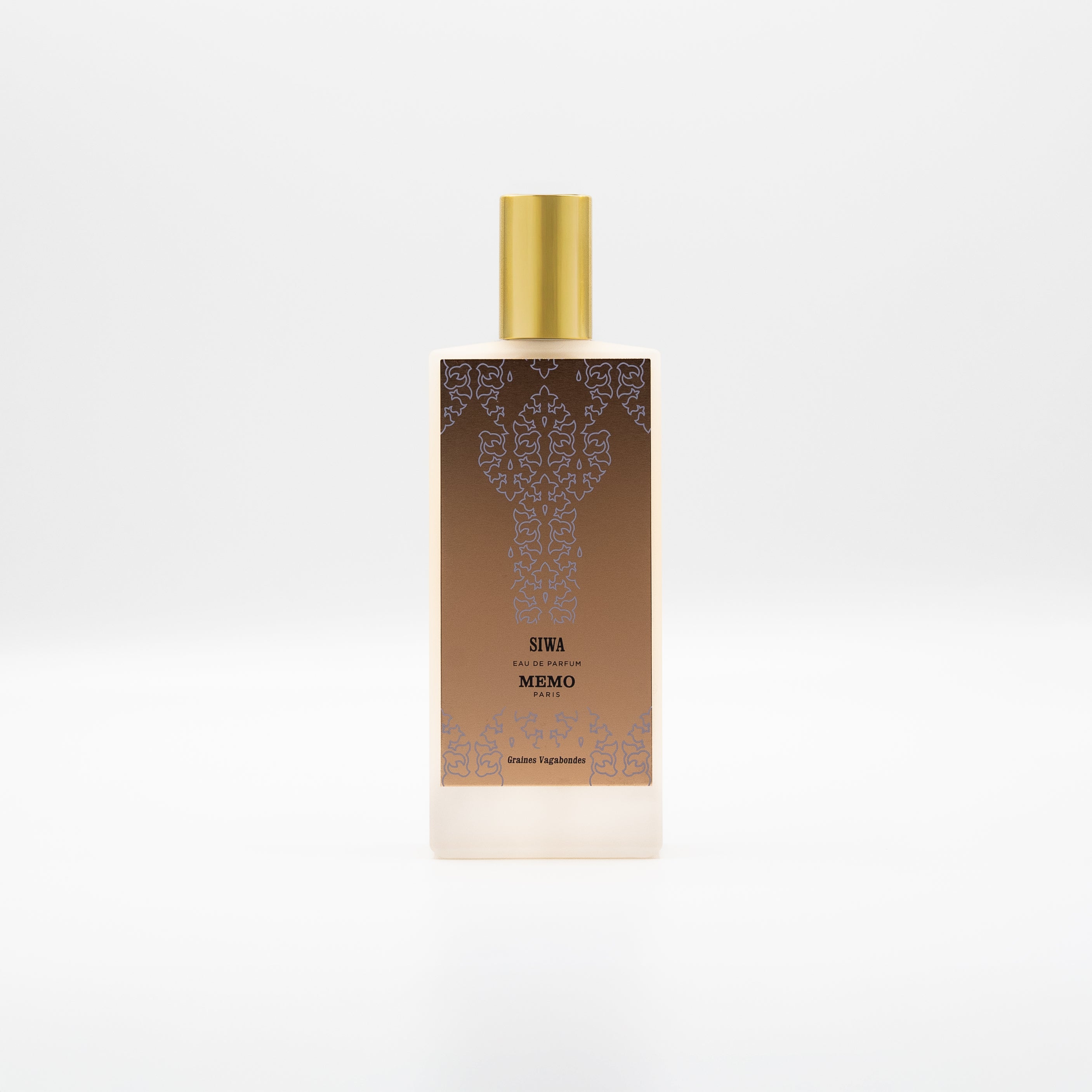 Luxury Memo Paris Siwa eau de parfum bottle for women, featuring a gold cap and bronze patterned front design, 2.5 oz / 70 ml size.