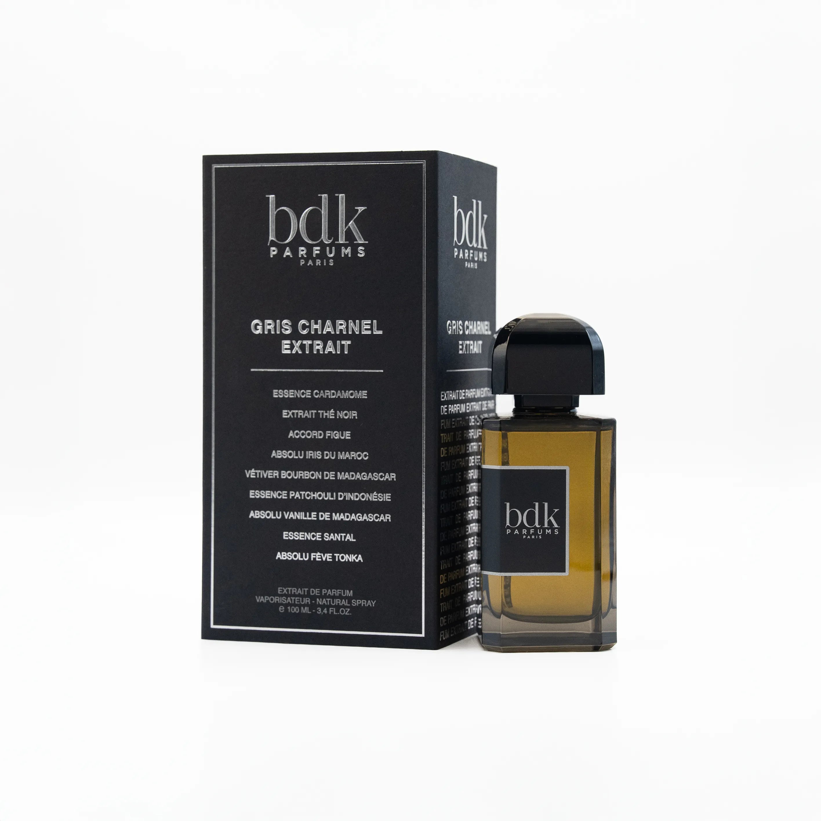 Bottle and packaging of bdk Parfums Gris Charnel Extrait on a white background