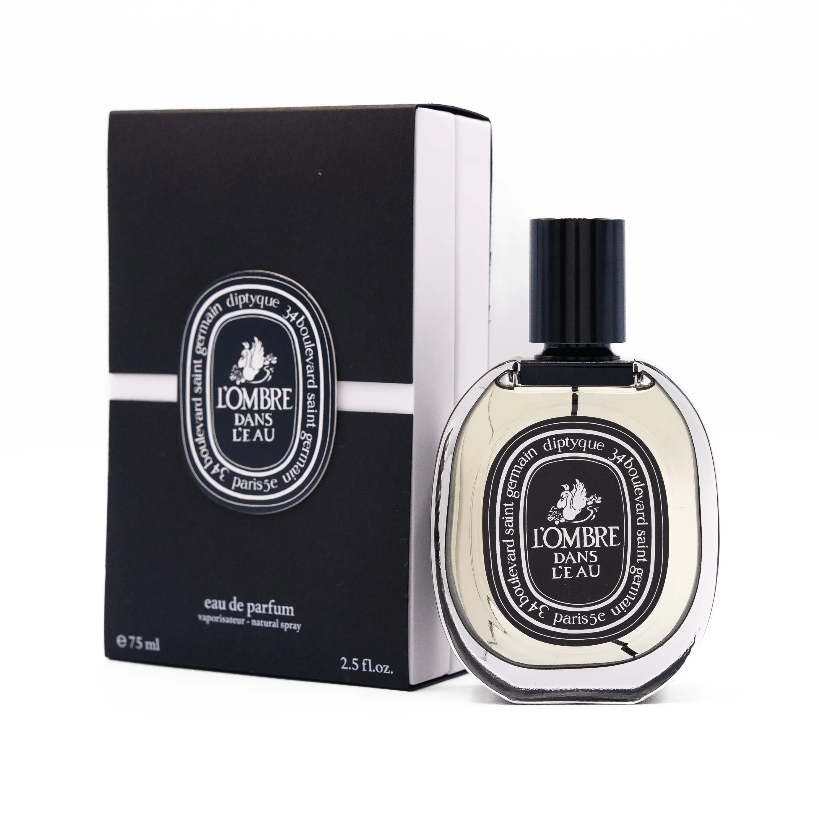 Perfume bottle and packaging of 'L'Ombre dans l'Eau' on a white background