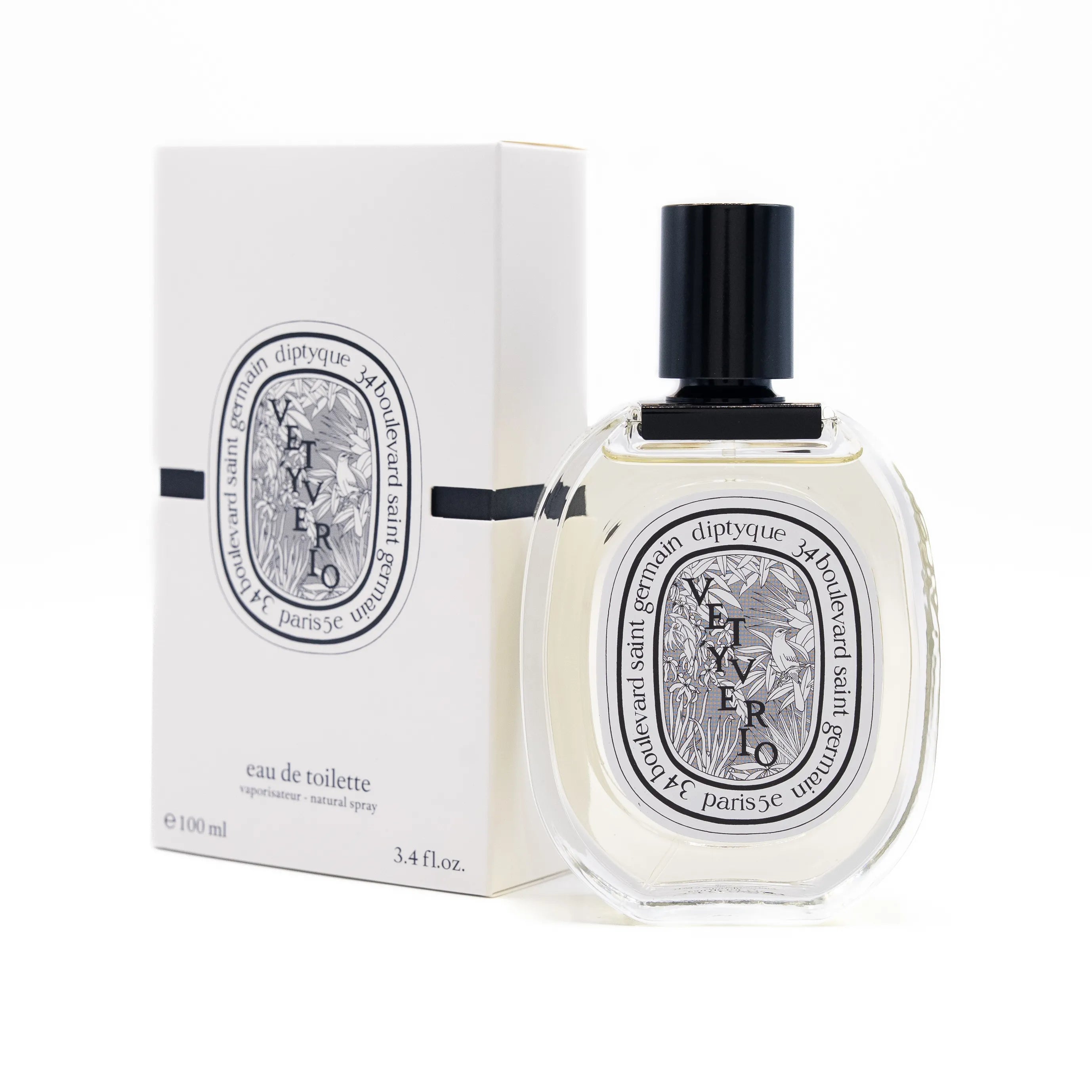Diptyque Vevero perfume bottle and packaging on a white background
